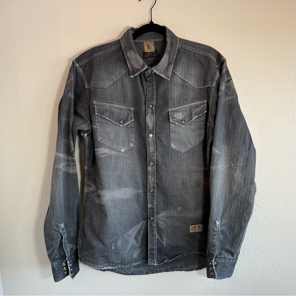 PRPS Charcoal Black Pearl Snap Mens Denim Shirt, Railroad Stripe, Large